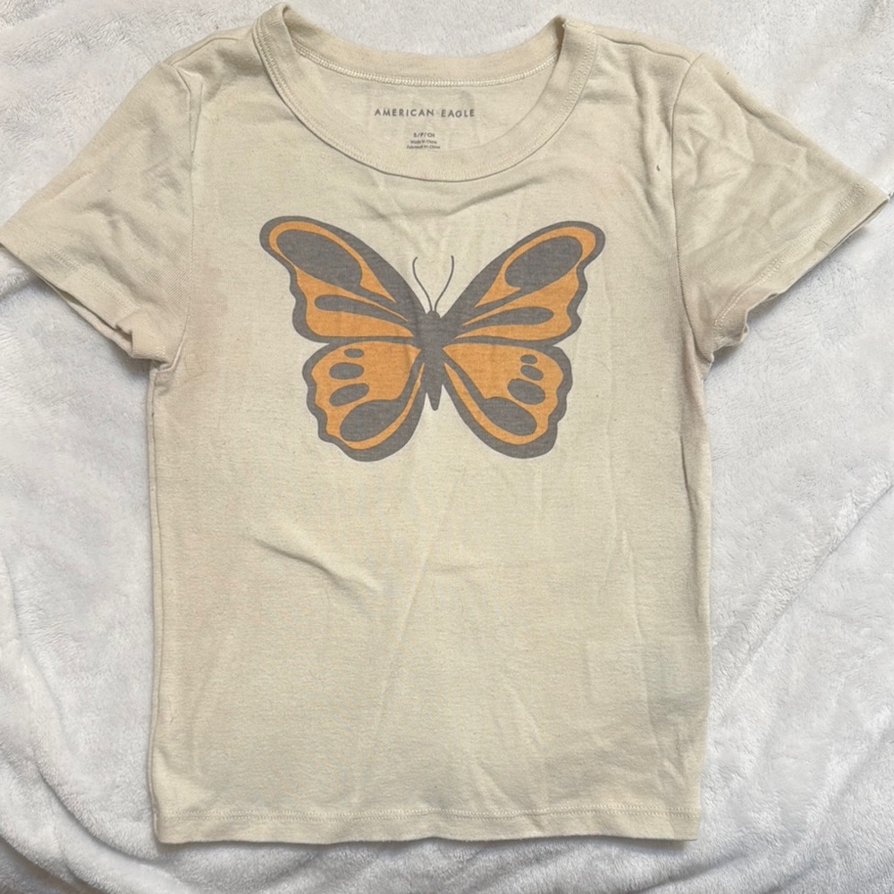 American Eagle Outfitters Cream and Orange Butterfly Tee